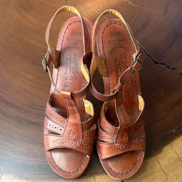 Vintage 70’s Woodworks by Thom McAn Leather Sandals Brazil Boho Disco Sz 8.5 - Picture 2 of 11